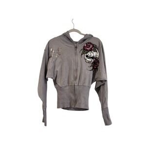 Key Closet Zip Tattoo Hoodie Gray Skull Swarovski Crystal Y2K Streetwear Grunge